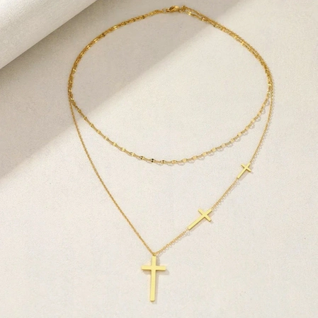Colier dublu din aur, cruci elegante, delicate din otel chirurgical
