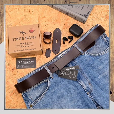 Curea din piele maro TRESSARI 120cm pentru pantaloni fără cataramă, piele naturală
