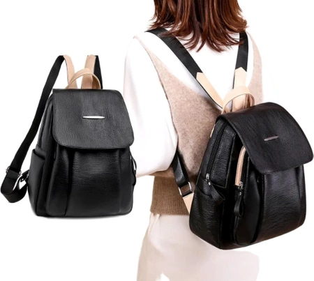 Rucsac elegant negru cu clapă, piele ecologică