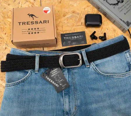 TRESSARI curea elastica impletita neagra catarama argintie