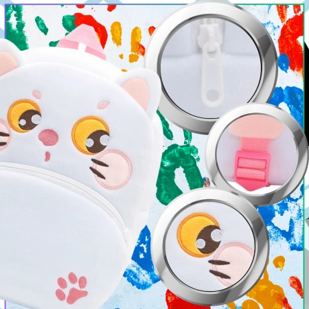 Ghiozdan de pluș pentru copii, pentru preșcolari, cu fermoar, PISICĂ ALBĂ