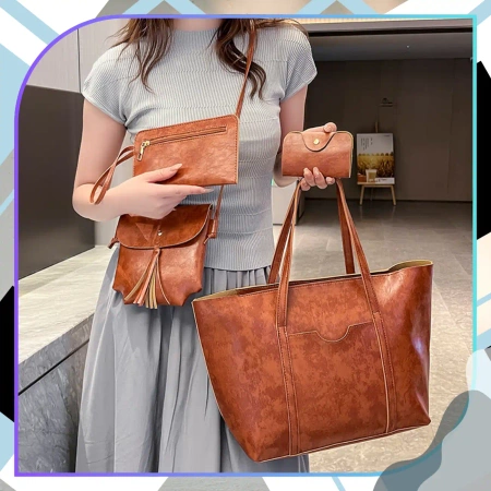 Geanta shopper dama BAD&BAGS din piele maro clasic + accesorii