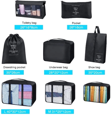 Set de călătorie de 8 organizatoare de valize impermeabile, negru