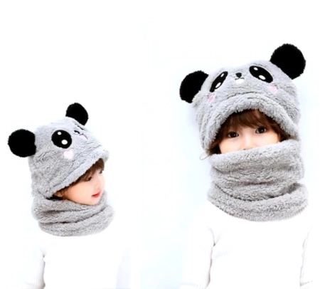 Pălărie din lână 2 în 1, glugă caldă cu urechi de panda pentru copii