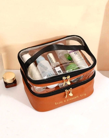 Geantă pentru cosmetice pătrată, maro, cu două niveluri