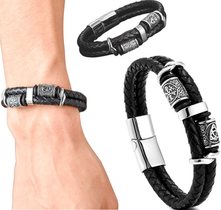 Brățară neagră pentru bărbați din piele împletită nordică