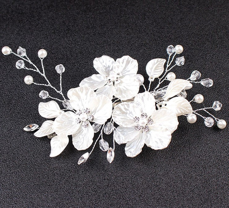 Pieptene de argint pentru nunta, decor par, flori, perle