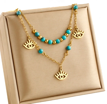 Colier dublu din otel chirurgical din aur cu ochi egipteni