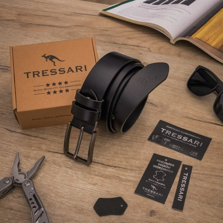 Cureaua barbati piele TRESSARI, piele naturala, 100% neagra, pentru pantaloni