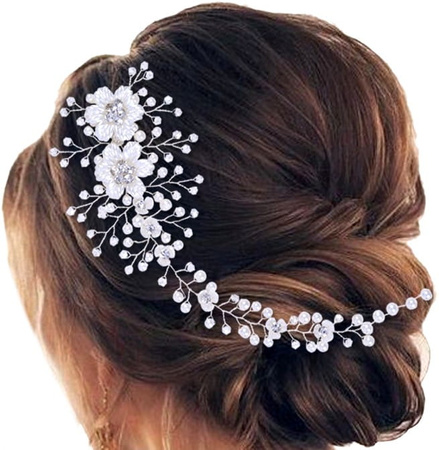 Bandita de nunta cu diadema, creanga argintie, strasuri, flori