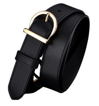 Curea de dama neagra piele, catarama pantalon auriu, piele naturala