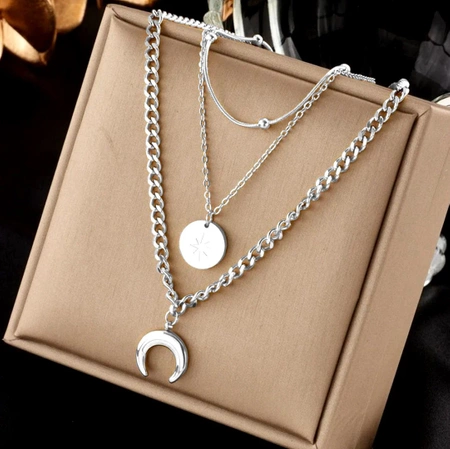Colier cu lună de argint, oțel chirurgical, lanț triplu