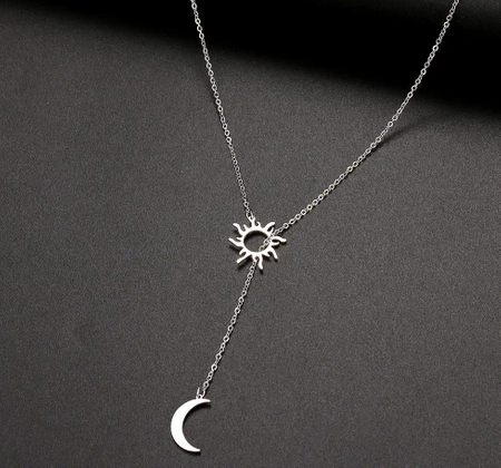 Colier lung de argint, oțel chirurgical elegant, soare și lună