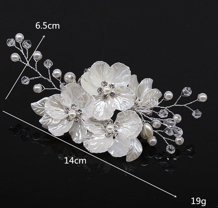 Pieptene de argint pentru nunta, decor par, flori, perle