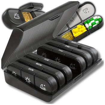 Cutie organizatoare medicamente, tablete, 7 zile, recipient negru, caseta