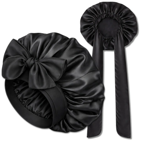 Bonetă de dormit din satin pentru protecția părului, neagră, legată cu panglici